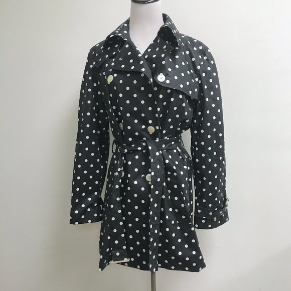 Chaps Ralph Lauren black white polka dot trench coat + belt L New - Picture 1 of 7